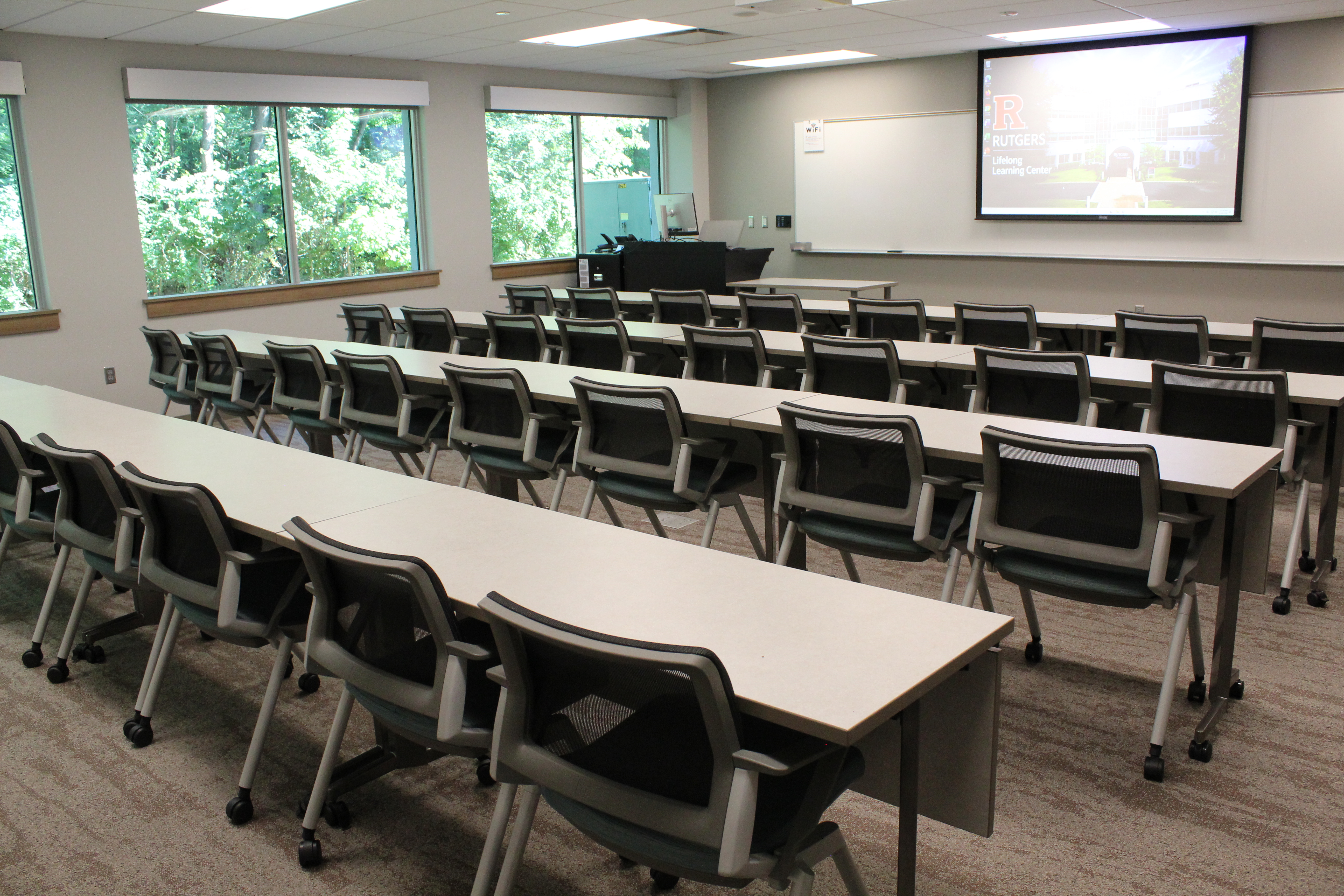 Standard classroom layout of rows facing the front screen